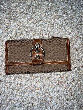 2008 Coach Brown Signature Canvas Fold-Over Wallet with Leather Trim